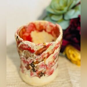 unique small pottery pot/candle holder multi colored signed